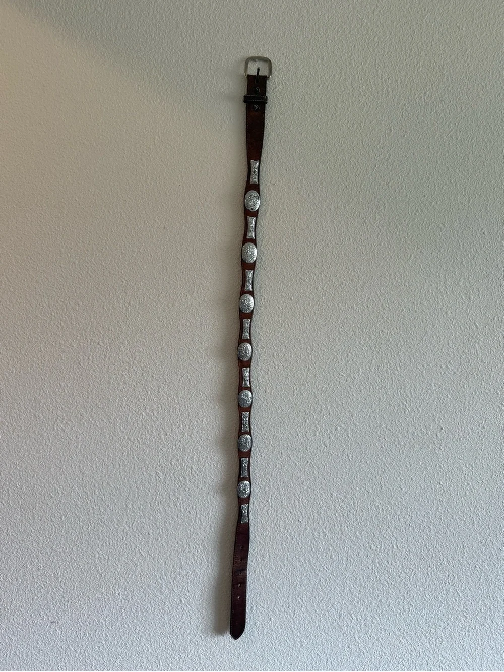 Vintage Western Unisex Tooled Brown Leather Belt with Silver Concho Accents
